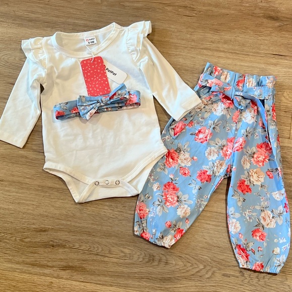 NWT Floral blue, pink, and white 3-piece set, size 6-9 months - Picture 1 of 4